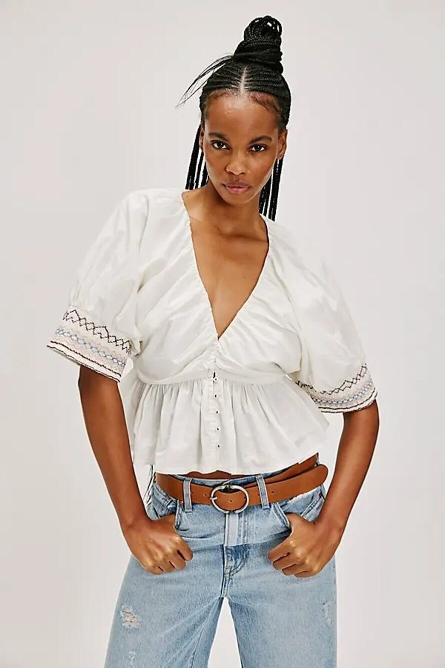New Free People Where We Meet Smocked Blouse $128 X-SMALL White Cropped